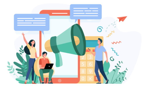 Bloggers advertising referrals Bloggers advertising referrals. Young people with gadgets and loudspeakers announcing news, attracting target audience. Vector illustration for marketing, promotion, communication concept